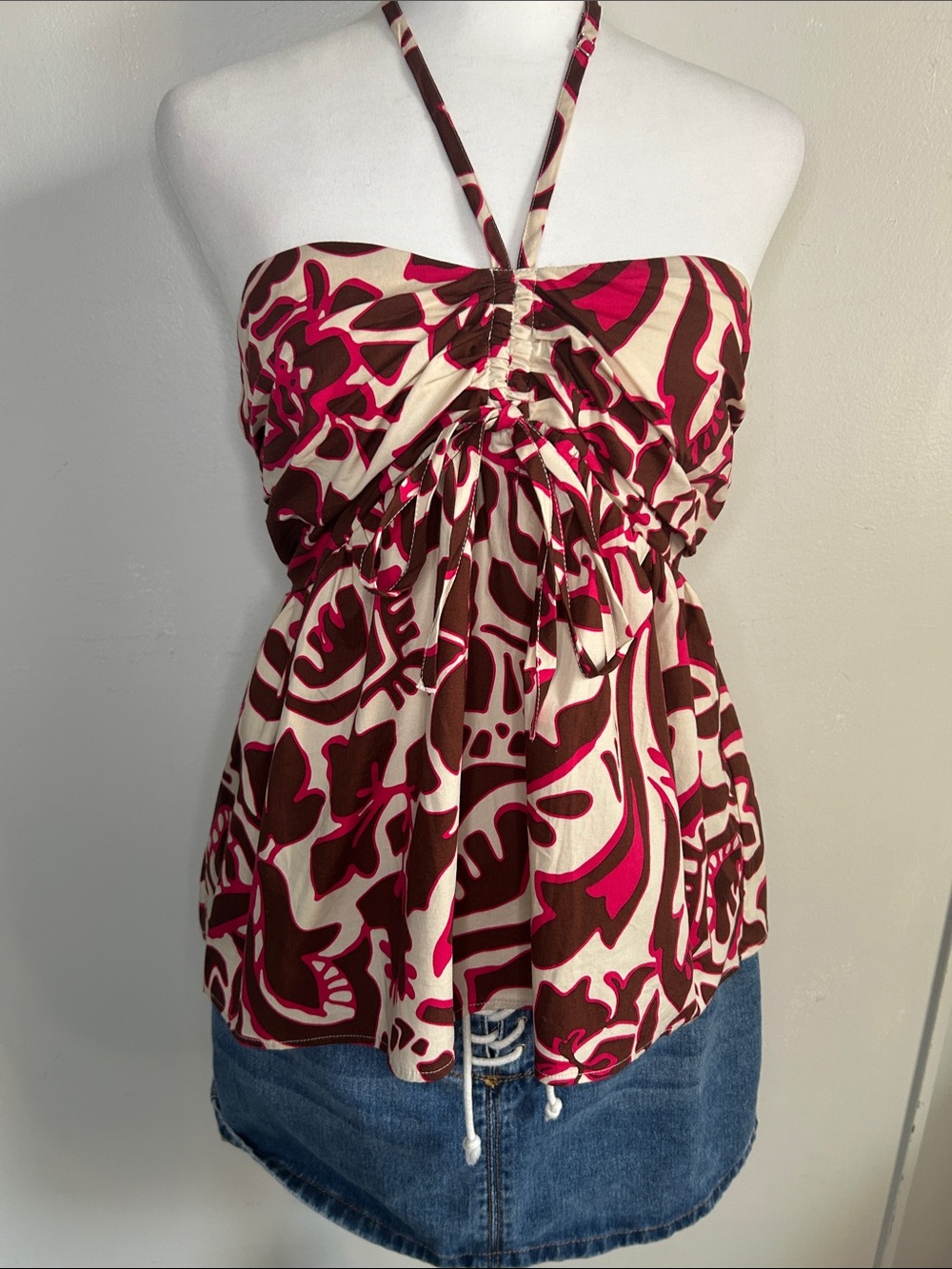 Express New Women’s Halter Empire Waist Top in Tropical Floral Pink & Brown